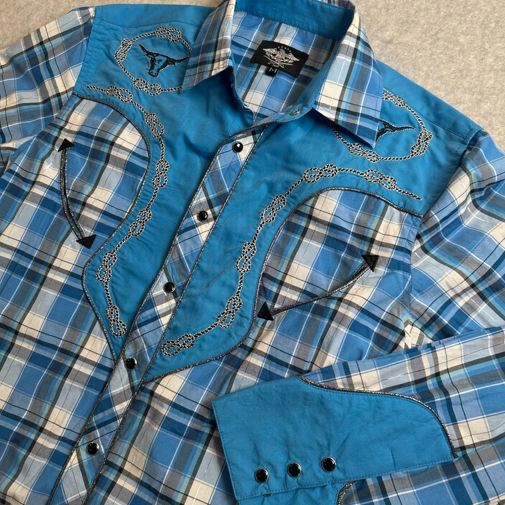 El General Western Shirt Men's Medium Blue Plaid Embroidered Pearl Snap Cowboy